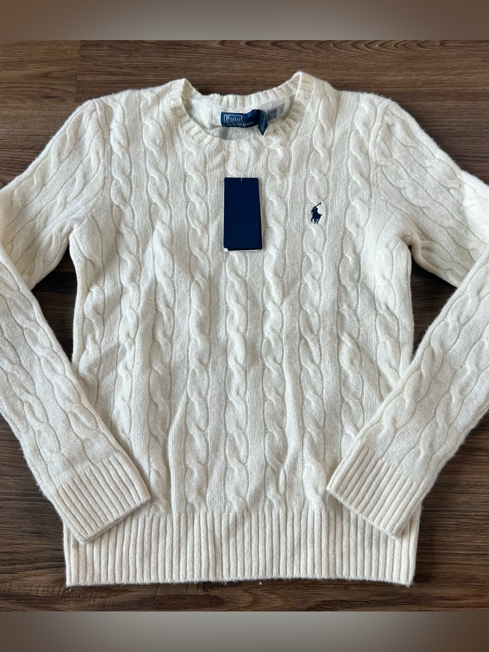 Polo Ralph Lauren White Cable Knit Crewneck Sweater Women Small Preppy Wool READ